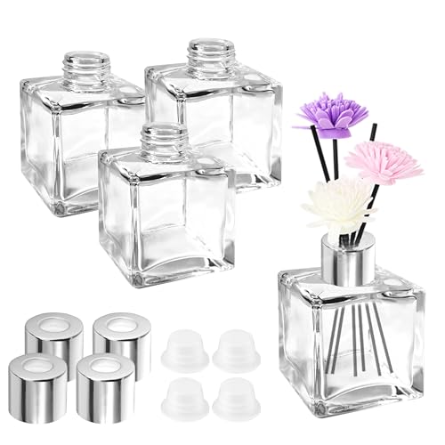 JSMTKJ Bottiglie Diffusore in Vetro Quadrate - 4 Pezzi Set Premium per Oli Essenziali e Bastoncini Profumati - Ricaricabile con Tappo in Legno, Design Elegante per Casa, Spa e Ufficio
