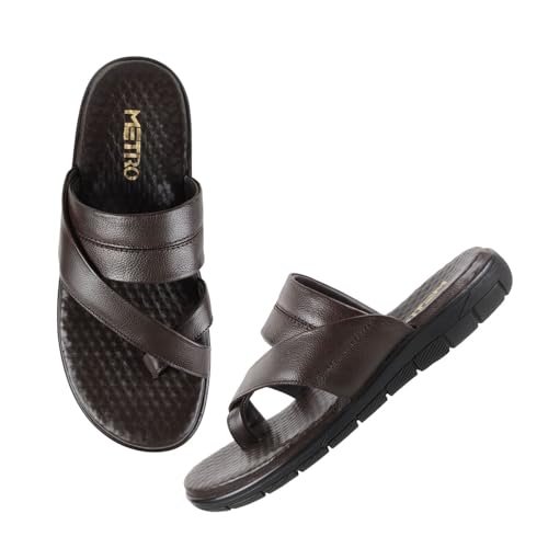 Image of Metro Men Genuine Leather Cross Strap Slippers /Flip Flops (Dark Brown, UK 7 /EU 41)
