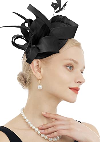 Felizhouse Fascinator Hats For Women Ladies Feather Cocktail Party Hats Bridal Headpieces Ascot Fascinator Headband (Black) #TOP7