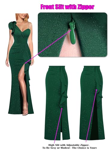 Image of VFSHOW Womens Formal Prom Elegant Ruffle One Shoulder Beaded Strap Ruched Slit Maxi Dress Wedding Evening Long Gown