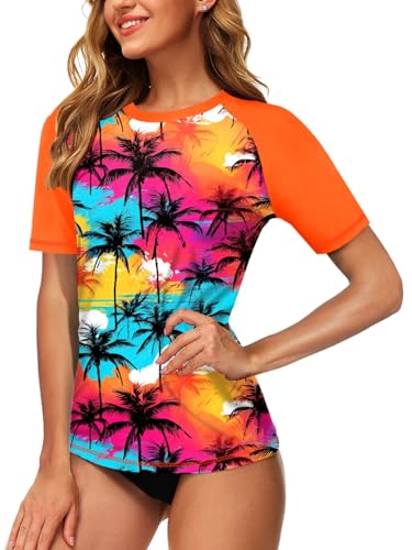 Image of AOBUTE Women Short Sleeve Rash Guard UPF 50+ Tropical Sun Protection Floral Swim Shirts