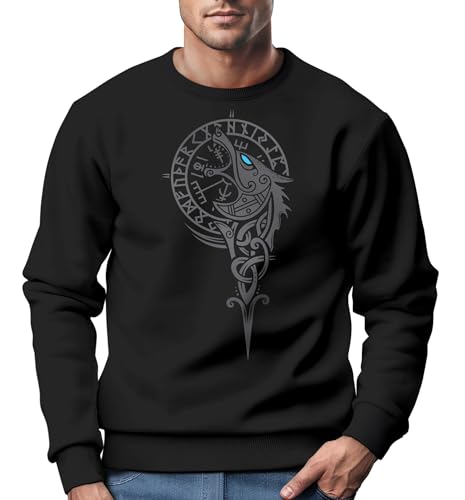 Neverless® Sweatshirt Herren Wikinger Kompass Fenriswolf Fenrir Vegvisir Wolf Asgard Valhalla Rundhals-Pullover Schwarz L