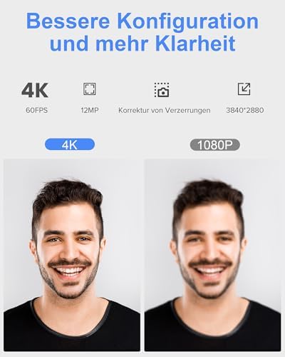 Bild 1 - USB Webcam, 4K/60FPS Full HD Webcam für PC, Videoanrufe, Computerkamera mit klarem Stereo-Audio, automatische Lichtkorrektur, Plug&Play, funktioniert mit Skype, Zoom, FaceTime, Hangouts und mehr