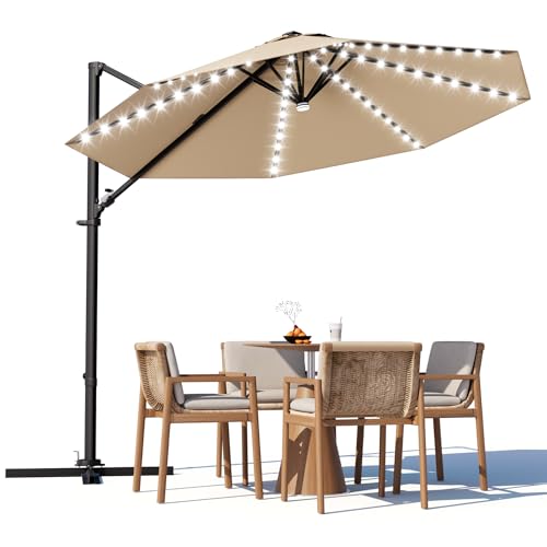 Image of Greesum 10FT Outdoor Patio Umbrella with High Pedel and 4 Gear Heights, Large Offset Umbrella with Solar LED Lights and 360-degree Rotation, Without Base, Hanging Outdoor Shade for Garden, Brown