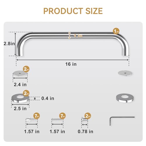 Image of AmazerBath Shower Grab Bars for Seniors Anti Slip, Bath Safety Grab Bar for Needy, Stainless Steel Bathroom Safety Grab Bars, Thickened Bar Bigger Base Holds 500LBS, 16 inch L x 1 inch D, Brushed Nickel