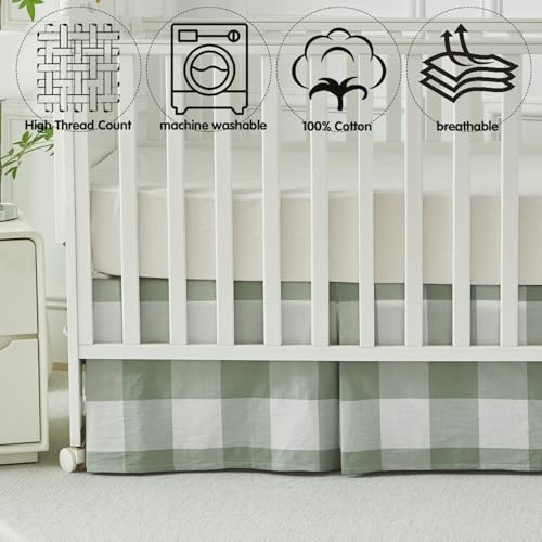 Image of Brandream Crib Skirt Gingham Tailored, Baby Boy, Baby Girl, Gender Neutral Crib Skirt, Toddler Bedskirt Farmhouse Chic Nursery Crib Bed Skirt, Bohemian Green Plaid Gingham Dust Ruffles