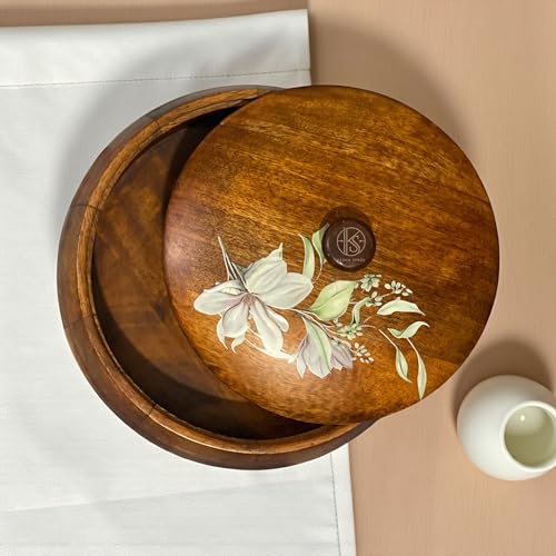 Image of Seasoned and Treated Mango Wood Wooden Chapati Box, Wooden roti box with lid, Melamine Coated, Printed lid- 10inch round with 1kg approx weight, Brown