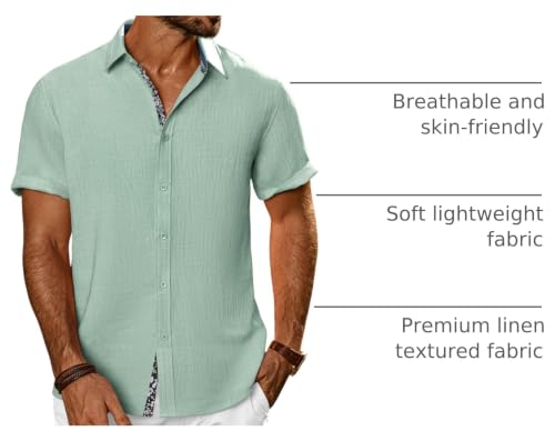 PJ PAUL JONES Men's Button Down Short Sleeve Shirt Casual Summer Beach Textured Wedding Shirts Light Green — view 4