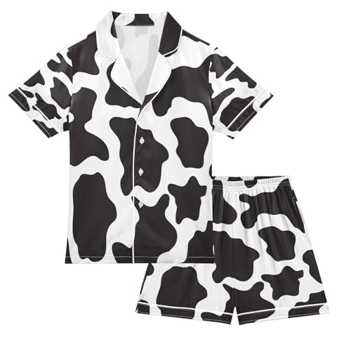 ALAZA Black White Cow Print Animal Satin Pajamas Set Short Sleeve Button Down Sleepwear Summer Pjs 2 Piece