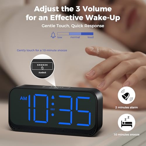 Image of Acedeck Battery Operated Digital Clock: Cordless Small Alarm Clock for Bedroom Travel - Large Numbers 4 Dimmers for All Ages Blue Digits