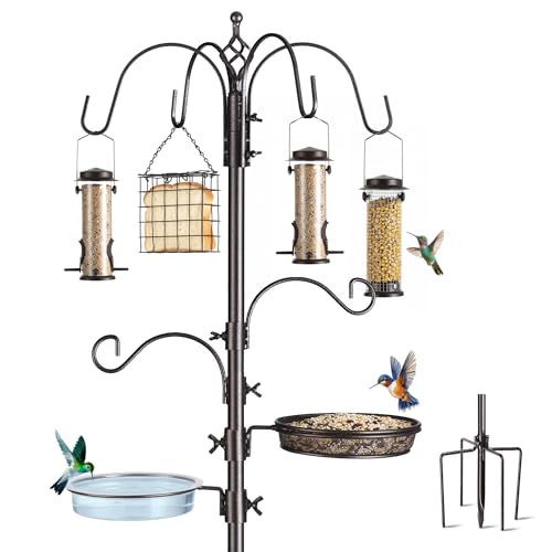 NestShld Bird Feeding Station Kit, 94 Inch Metal Birds Feeder Stand Pole with 6-Hook, Bird Bath and Mesh Tray, 5-Prong Base