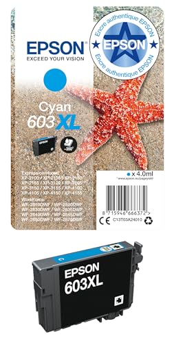 Epson 603XL Etoile de Mer Cyan, Cartouche d'encre d'origine XL Haute capacité, XP-2100 XP-2105 XP-2150 XP-2155 XP-3100 XP-3150 XP-4100 XP-4150 WF-2810DWF WF-2820 WF-2830DWF WF-2840 WF-2850DWF WF-2870