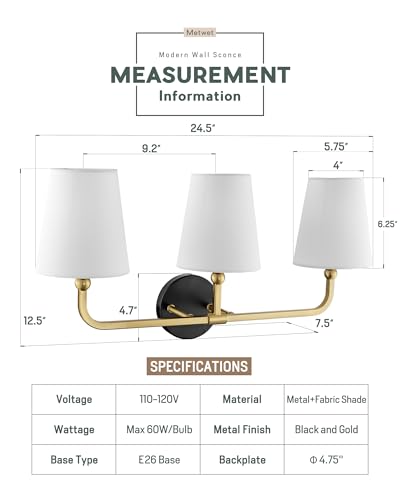 Image of Bathroom Light Fixtures, Black and Gold Vanity Lights with Flared White Fabric Shade, 3-Light Wall Sconce, Modern Sconces Wall Lighting for Hallway Bedroom, VL837-KG-3