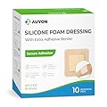AUVON Silicone Foam Dressing with Large Adhesive Border, 3" x 3" 10 Packs Wound Dressing Bandage with High Absorbency, Waterproof Silicone Foam Pads for Wound Care & Protection Plus Cushioning