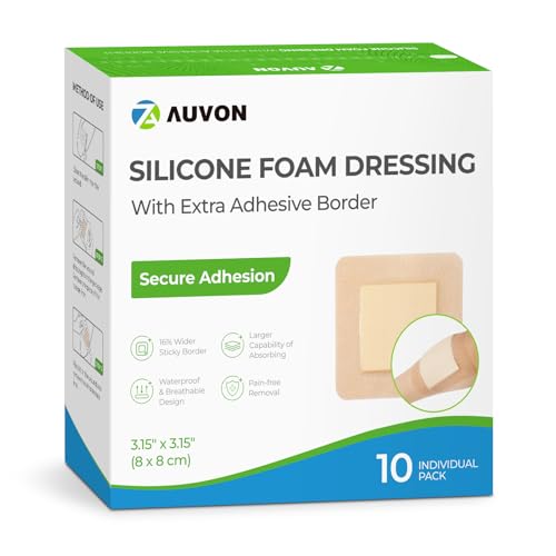 Image of AUVON Silicone Foam Dressing with Large Adhesive Border, 3 inch x 3 inch 10 Packs | Wound Dressing Bandage with High Absorbency, Waterproof Silicone Foam Pads for Wound Care & Protection Plus Cushioning