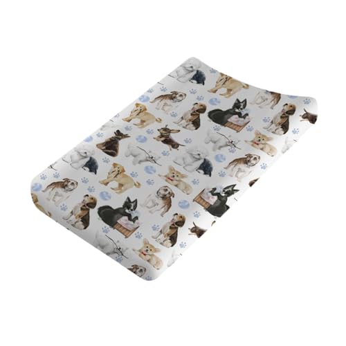 Image of Cute Dogs Baby Changing Pad Cover Sheets for Boy Girl 32''x16'' Funny Dogs Paws Blue Fitted Diaper Changing Pad Table Mats Dogs Lovers Gift Comfort Soft Breathable Nursery Baby Changing Table Sheets