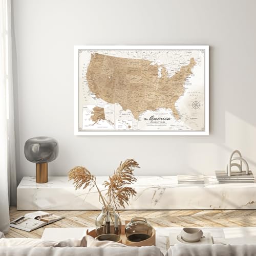 Image of IPIC - Vintage US Map for Travel, Pin Board Canvas Wall Art, Travel Map with Pins Included, Ready to Hang for Home or Office, 36x24 Inch
