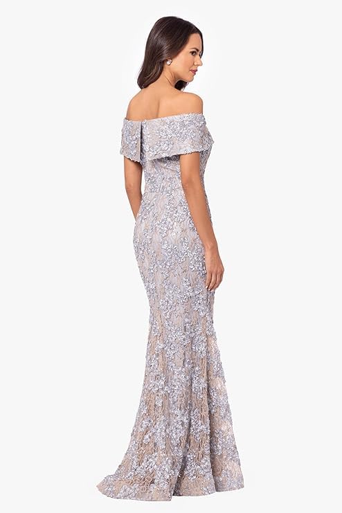 Image of Xscape Women's Off The Shoulder Sequin & Lace Overlay Evening Gown with Sweetheart Neckline, Sheath Formal Dress