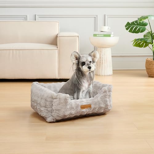 Image of Modern Threads Brushed Long Pile Rabbit Fur Cuddler Dog Bed, Bolstered Supportive Sides, Calming Nest Design, Removable Washable Cover, Bed for Small to Medium Dogs, Stone, (24 inch L x 20 inch W x 8 inch Th)