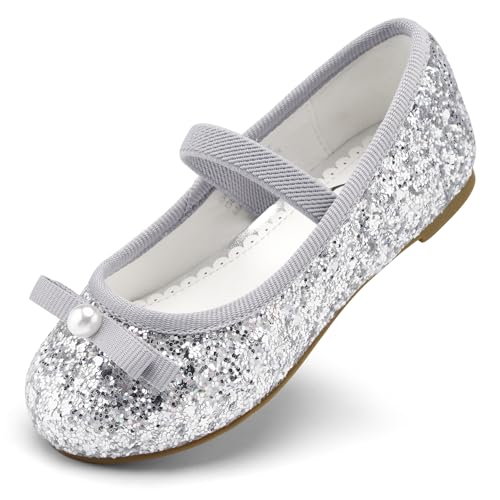 Stelle Girls Glitter Dress Shoes Flower Wedding Mary Jane Ballet Flats with Strap Toddler/Little/Big Kids