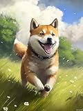PUAGEMTI Diamond Painting Kits for Adults, Shiba Inu is Frolicking on The Grass 5D DIY Diamond Art Kits Full Drill Diamond for Gift Wall Decor Gem Arts Funny Animals 12x16 inch