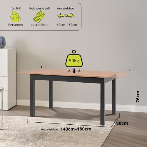 smart Esstisch 140x80 cm Asteiche, Küchentisch ausziehbar bis 180 cm, Esszimmertisch aus Holzwerkstoff inkl. erweiterbare Auszugsplatte, moderner Tisch für bis zu 8 Personen