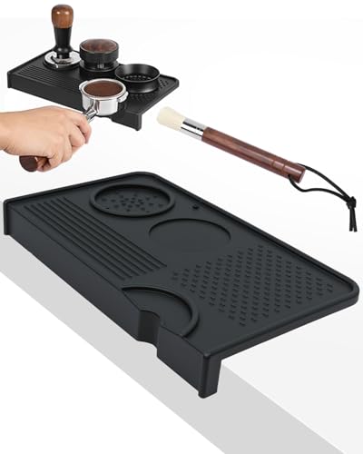 Image of 1+1 PACK Espresso Matt for Counter, Silicone Coffee Tamping Mat with Ebony Wood Boar Bristle Brush, Black Barista Mat for Counter, Tamping Station for Coffee Machine Accessories