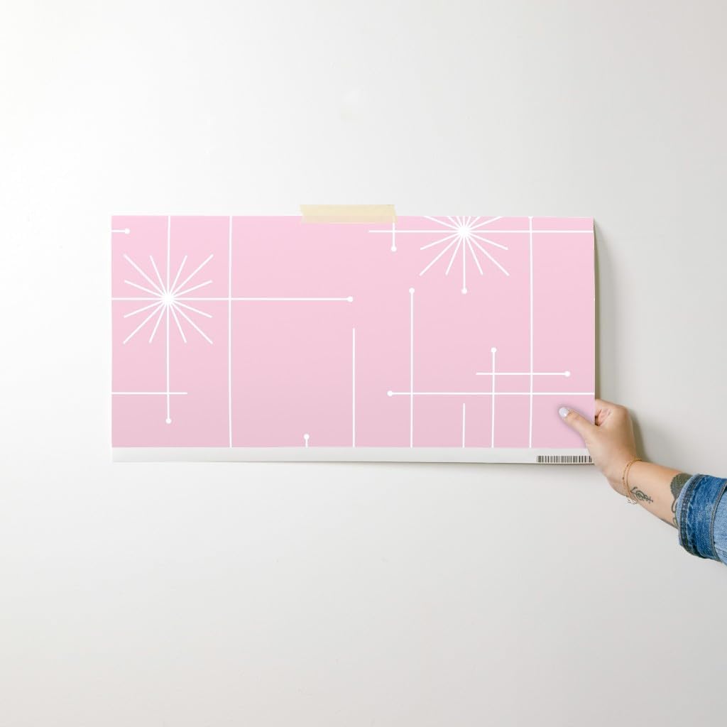 Peel & Stick Wallpaper Swatch - Orbs Starburst Pink White Mid Century Modern Custom Removable Wallpaper by Spoonflower