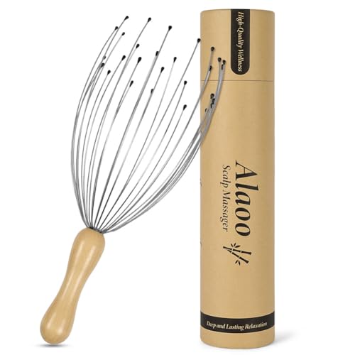 Alaoo Araña de Masaje Cabeza,Araña de Masaje Cabeza con 28Dedos,Mango Madera Ergonómico,Rascador de Cabeza,Cepillo Masaje para Cuero Cabelludo para Estimular Cabelludo Mejor Circulación Sanguínea