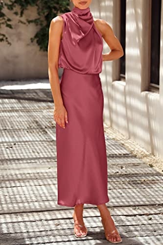 Image of PRETTYGARDEN Women's 2026 Summer Satin Dress Elegant Sleeveless Mock Neck Cocktail Party Maxi Dresses