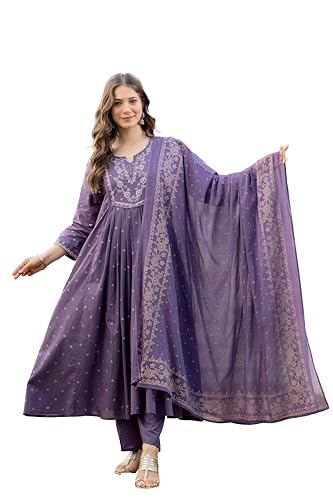 Image of PARTHVI Women's 100% Pure Cotton Anarkali Kurta Set with Pant & Dupatta | Embroidered Flared Kurta | Elegant Ethnic Suit