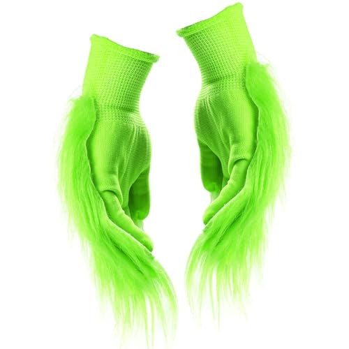 QIZHIQIAMY Guanti Natale Verde, Guanti Pelosi Verdi, Guantis di Peluche Verdi di Natale, Costume Natales Adulto, Accessori per Costumi per Adulti per Natales, Halloween, Cosplay