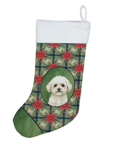 Caroline's Treasures White and Cream Bichon Frise Christmas Poinsettas Holiday Stocking Double-Sided Print, Polyester Suede,11x18, Made in USA