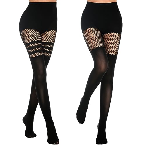 MANZI Womens Faux Thigh High Fishnet Stockings Stitching Opaque Pantyhose Mock Over the Knee Goth Striped Suspender Tights One Size 1 Striped + 1 Grid