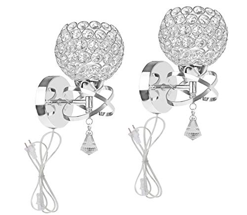 Kiven Modern Luxury Crystal Wall Light Chrome Finish Wall Sconce With One Cable(Mains Plug And On/Off Switch) Lighting Fixture,Pack Of 2 (Silver) #TOP25