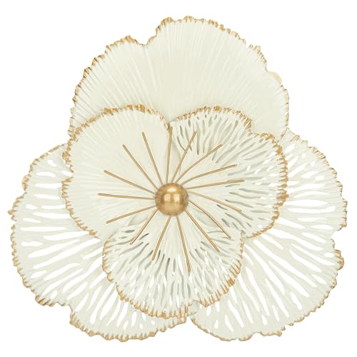 Image of Oairse Set of 3 Magnolia Metal Flower Wall Art Decor, 3D Floral Sculptures Modern Wall Décor Rustic Metal Flower Wall Hanging for Living Room Bedroom Kitchen Office Café Wall Decoration - White Gold