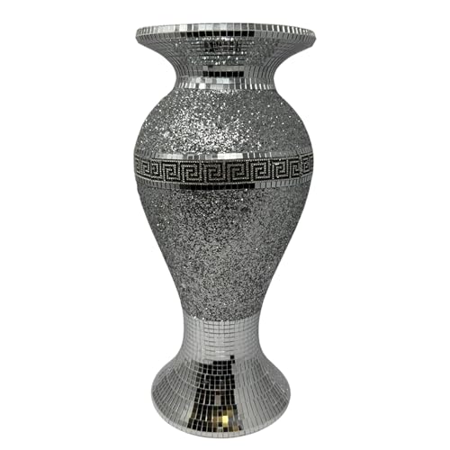 Jarrón griego de cerámica con diamantes aplastados de plata de 40 cm de alto, con espejo brillante, adorno para el hogar, de lujo, estilo romaní, jarrón decorativo de flores romaníes
