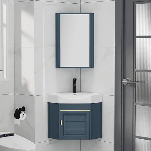 Tocador de baño de Esquina con Lavabo y Mueble con Espejo, Moderno Conjunto de Lavabo de Pared con Grifo y desagüe, para cocinas pequeñas.