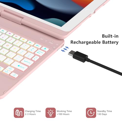 MMK Keyboard Case for iPad 9th Generation 10.2 inch 2021, Multi-touch Trackpad & 7 Color Backlight & 360°Flip Hard-shell, Slim Keyboard Case with Pencil Holder, for iPad 9th/8th/7th Gen, Rose Gold - Image 4