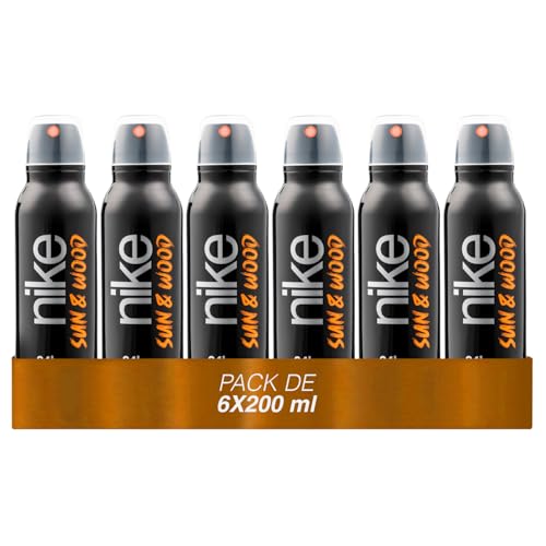 NIKE - Sun & Wood Pack de 6 x 200 ml, Desodorante Hombre Spray, Desodorante Antimanchas para Todo Tipo de Piel, 0% Sales de Aluminio, de Larga Duración, Fragancia Amaderada Frutal Ambarada