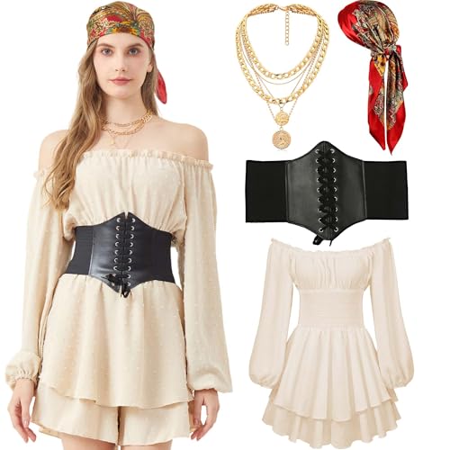 KitChocoLot Ensemble de costume de pirate pour femme, style médiéval, déguisement (abricot, taille S)