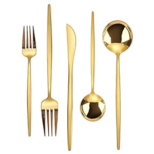 KassKa Gold Silverware Set, 20 Pieces Flatware Cutlery, Stainless Steel Utensils Spoon Fork Knives for Home Restaurant and Kitchen, Mirror Polished Finished, Service for 4