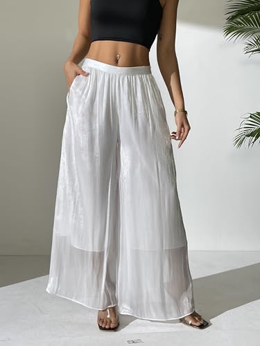 Women's Silky Shiny Wide Leg Palazzo Pants Chiffon Dressy Casual Slacks Trendy Pants4