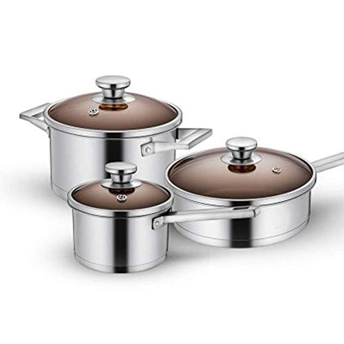 Batería de cocina, juego sartenes y cacerolas con tapas asas que se mantienen frías, acero inoxidable, 3 piezas, apto for diversas estufas, incluidas las inducción