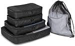 ROOTS Packing Cubes For Luggage With Laundry Bag – Set of Five to Better Organize Your Travel Suitcase, with Mesh Ventilation, Zippered, Made from Recycled Nylon – Black