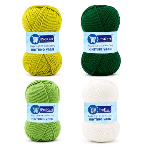 Image of ProKart - 4 Ply Plush & Cuddly for Knitting & Crochet | Pastel Yarn for Baby Toys & DIY Crafts | 100g, Pack of 4 (Dark Green, Gold Green, Light Green, White)