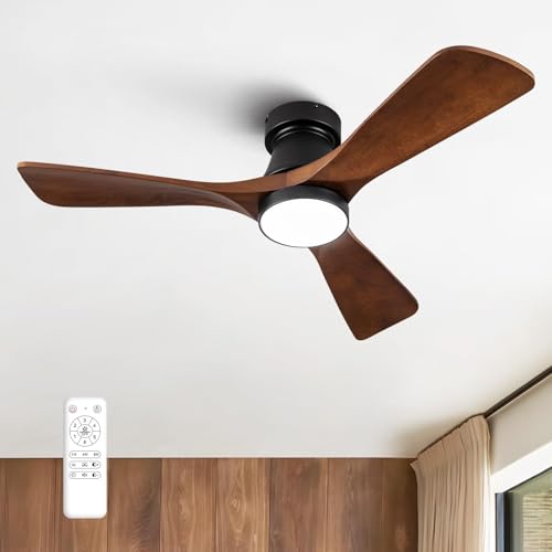 FUJIBONNY 42-Inch Ceiling Fan with Lights, Remote Control, Flush Mount, Dimmable, Reversible, Wood Blades, Power-Off Memory, Quiet DC Motor – Modern Hugger Ceiling Fan for Living Room, Bedroom, Patio