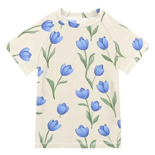 ALAZA Kids Rash Guard Girls Toddler Swim Shirts Short Sleeve Blue Tulip Cream UPF 50+ 3T