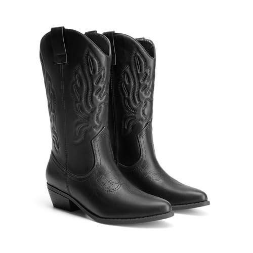 DREAM PAIRS Women's Cowboy Boots Mid Calf Cowgirl Boots Embroidery Stitched Western Boots3