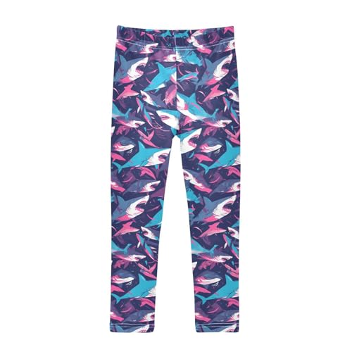 KLL Shark Ocean Navy Blue Oil Painting Little Girls Basic Leggings Stretchy High Waisted Athleisure Pants Sports